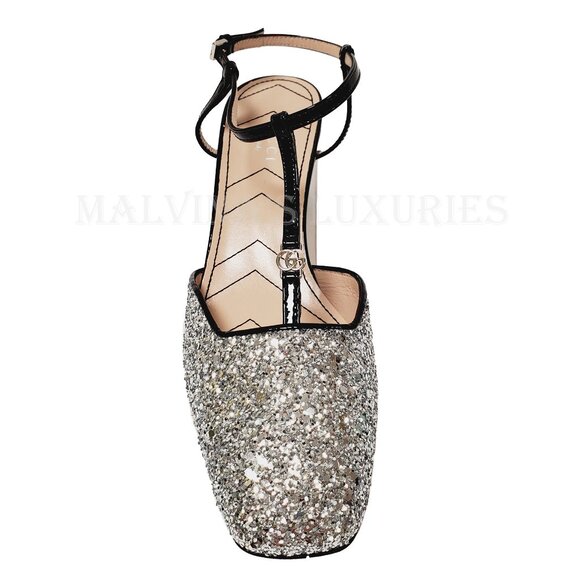 GUCCI SHOES T-STRAP SILVER GLITTER SLINGBACK PUMPS w DOUBLE G LOGO sz 37.5 7.5 - Picture 7 of 14